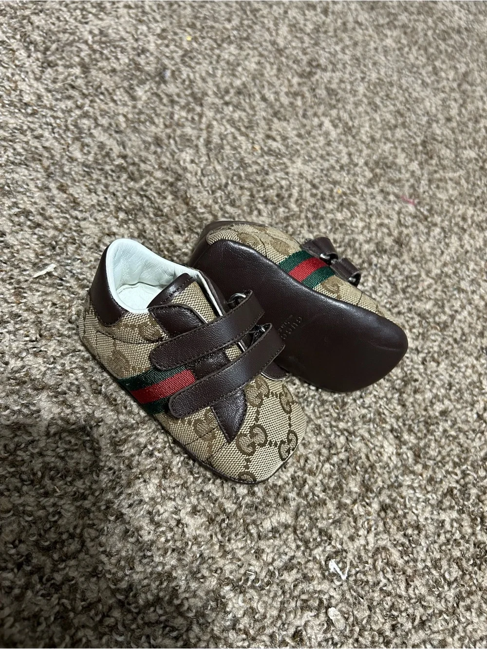 Gucci Brown GG Canvas Baby Shoes with Green & Red Web